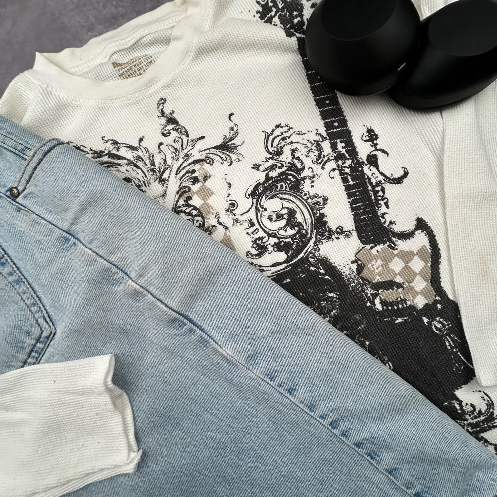 Vintage Machine Skull Guitar Thermal Shirt Mens Medium White Y2K Waffle Knit - Picture 6 of 6